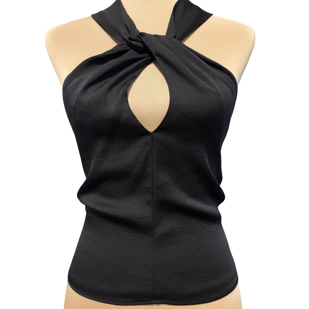 Express Halter Top Womens Medium Black Twisted Keyhole Front Tie Back Strappy